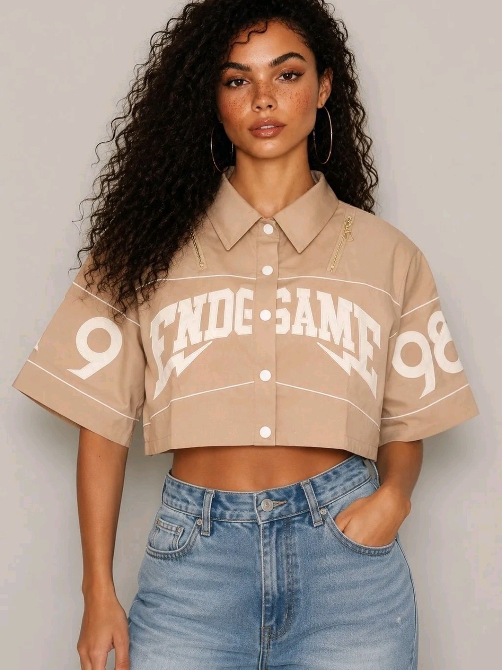 Beige Cropped Button-Front Graphic Top